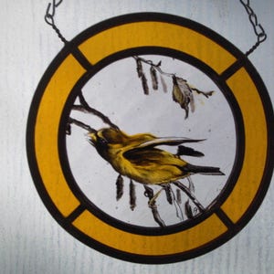 Yellow Bird stained glass, glass painting, kiln fired, bird art, bird sun catcher