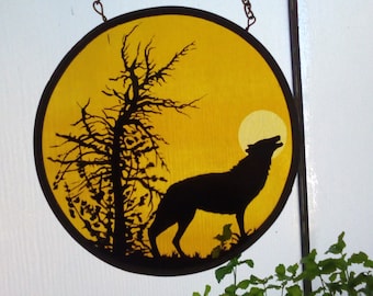 SUNSET - Wolf Dream Catcher, stained glass design, glass painting, Wolf Art, sun catcher, home decor