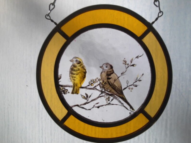 Yellow Birds Stained Glass, Glass Painting Kiln Fired, Bird Glass Art