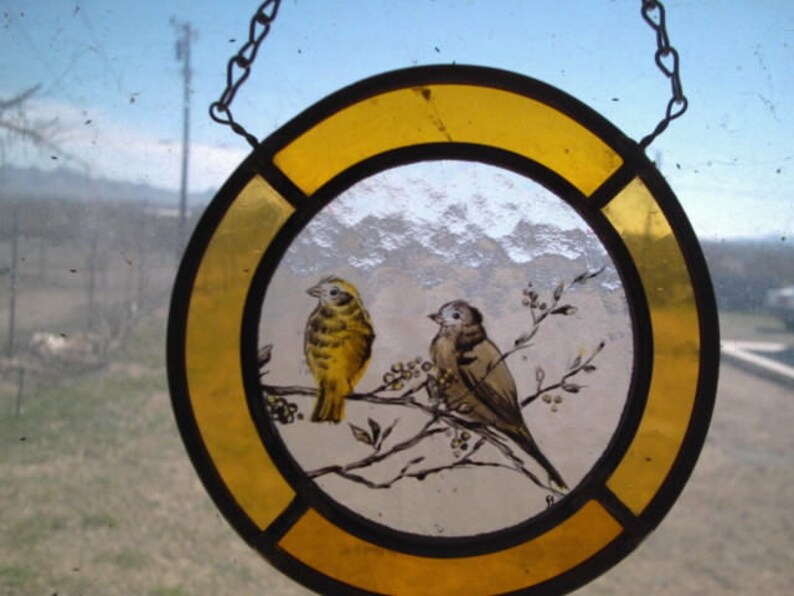 Yellow Birds Stained Glass, Glass Painting Kiln Fired, Bird Glass Art
