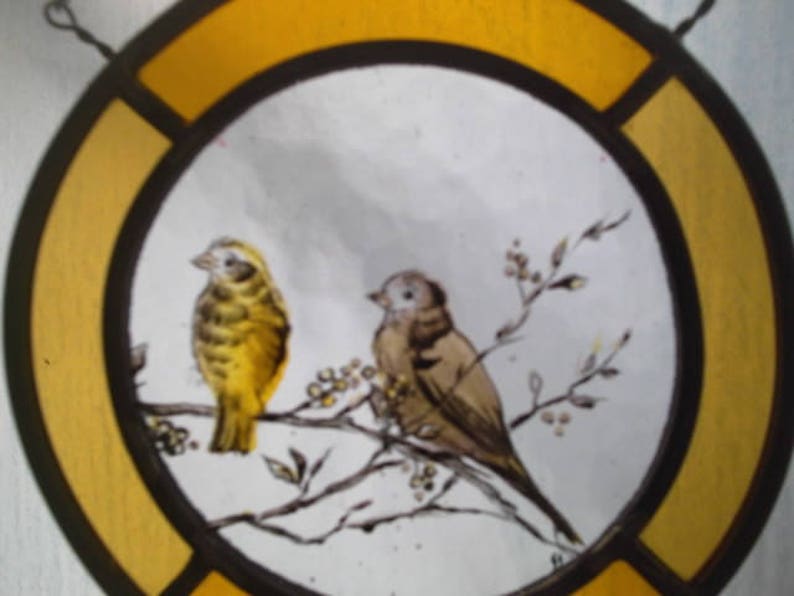 Yellow Birds Stained Glass, Glass Painting Kiln Fired, Bird Glass Art