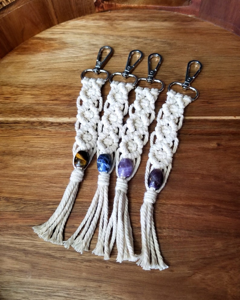 Macrame with Crystal Bead Macrame Keychain with Bead Amethyst Rose Quartz Aventurine Sodalite Crystal Keychain Macrame Keychain Clip