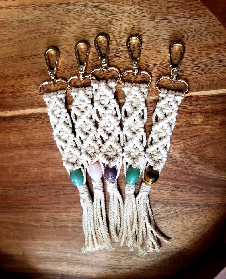 Macrame with Crystal Bead Macrame Keychain with Bead Amethyst Rose Quartz Aventurine Sodalite Crystal Keychain Macrame Keychain Clip