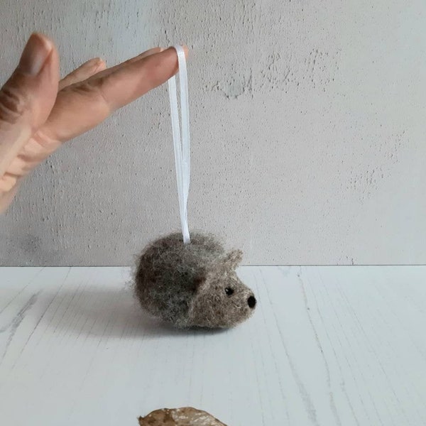 Felted fuzzy hedgehog decoration with hanging ribbon