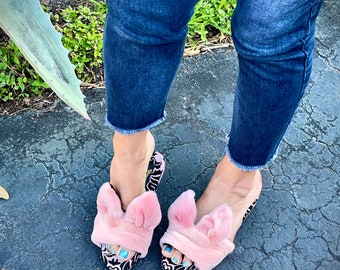 NEW! Candy pink upcyled mink kitty slides