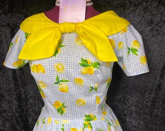 Women’s Blue gingham and lemon dress with yellow scarf collar