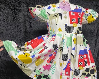 Girl’s Barnyard and Farm Animal Dress with Ruffle Sleeve