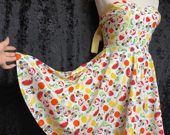 Womens’s Minnie and Mickey Fruit multi tie halter top dress with pockets