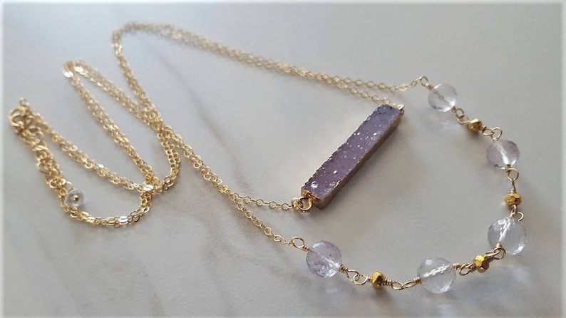Pink Amethyst And Druzy Necklace Lavender Druzy Double Strand Necklace Gold Filled Necklace Layered Necklace Pink Amethyst