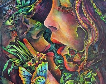 May include: A surreal painting of a woman with long, flowing hair and a skull. The woman's face is partially obscured by the skull, and her lips are painted red. The background is a vibrant mix of green, blue, and purple, with flowers and butterflies.
