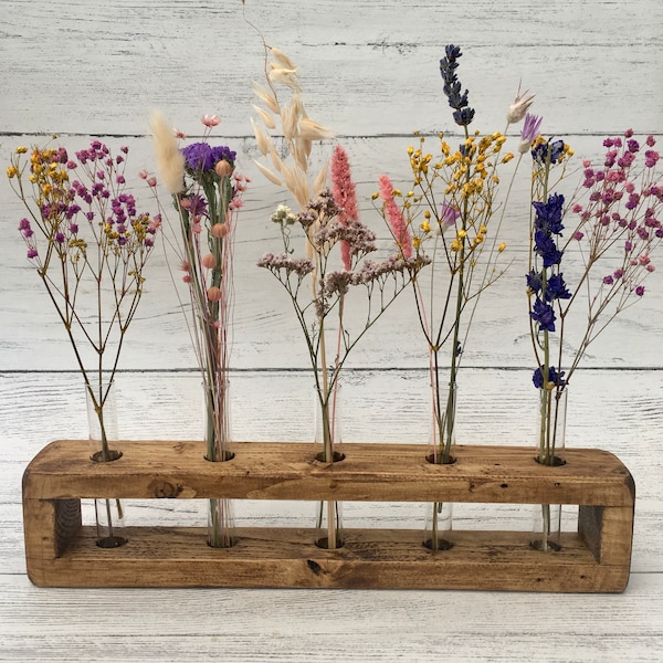 Wooden vase made from salvaged timber and 5 glass test tubes • Handmade, eco friendly propagation vase