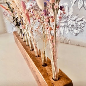 Test tube vase with 10 glass test tubes • Handmade eco friendly wooden vase • Available to hire