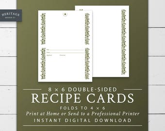 Recipe Card Printable Double Sided 8 x 6 to 4 x 6 Folded Front and Back Double Sided Crazy Daisy Corelle Spring Blossom Bridal Shower
