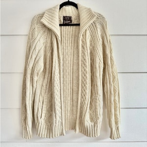 Vintage 1970er Jahre Beige Zopfmuster Fischer-Pullover mit Reißverschluss und Taschen Boho Boho Pullover