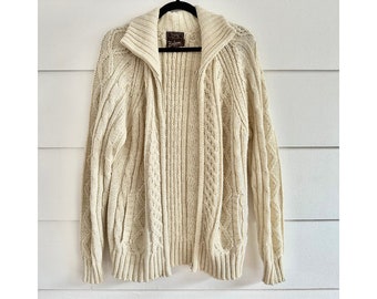 Vintage 1970s Beige Cable Knit Fisherman Sweater with Zipper and Pockets Boho Bohemian Sweater
