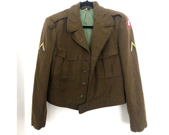 Vintage 1950s Wool Cropped Army Jacket with Fourt… - image 1