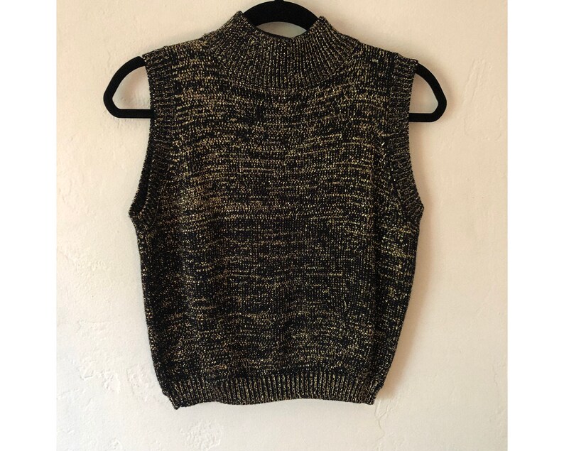 Cropped Turtleneck Sweater Metallic Sweater Mock Neck Sweater Sleeveless Sweater Gold Sweater