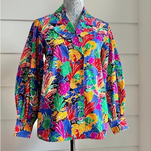 Vintage Saint Laurent Bluse Rive Gauche Baumwolle Tropisches Motiv Matisse Style Druck Bluse 80er Jahre Designer Bluse