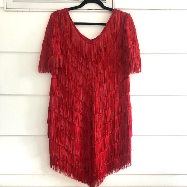 Vintage Red Fringe Mini Dress 1980s Fringe Flapper Dress