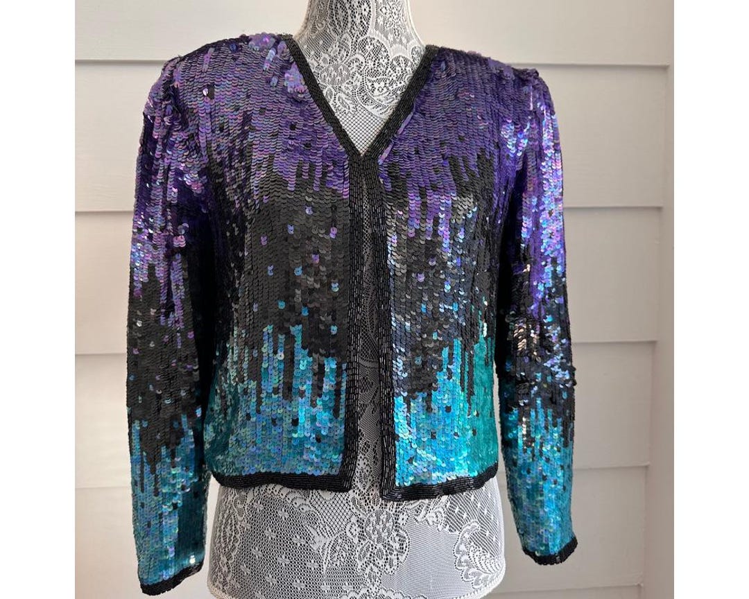 Vintage 80s Longline Sequin Jacket Black 12 14