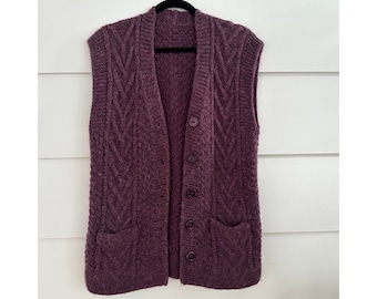Vintage Cable Knit Sweater Vest with Pockets Boho Bohemian Sweater Vest Long Purple Sweater Vest