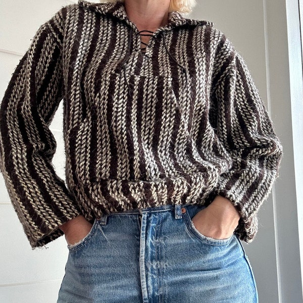 Vintage 1970s Wool Striped Pullover Sweater with a Front Pocket Vintage Drug Rug Boho Bohemian Sweater