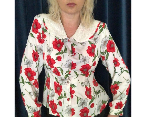 Floral Print Blouse/ Lace Collar Blouse/ Peter Pan