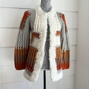 Vintage 1970s Chunky Knit Cardigan Sweater Coat size S Boho Cottage Shag Sweater