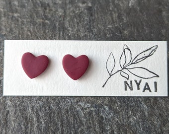 Dark Red Heart Studs - Polymer Clay Candy Heart earrings Made in Philadelphia Valentine's Day Gift Ideas Sweetheart Stud Post Earring