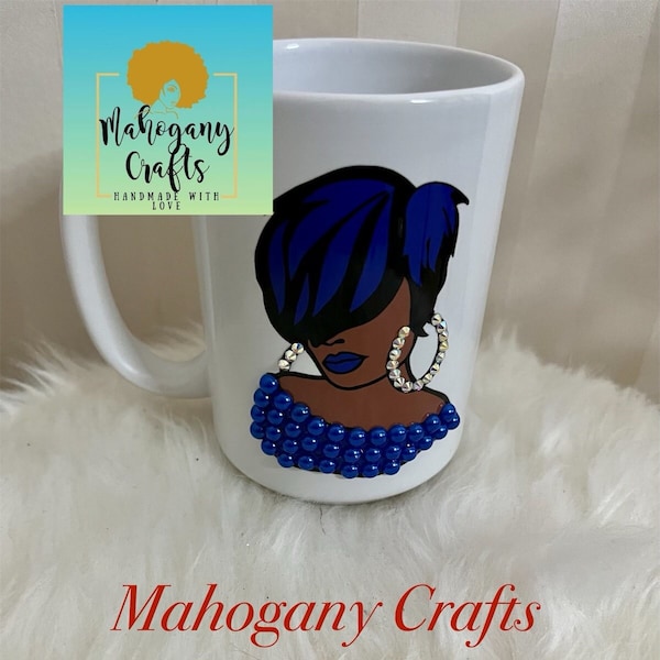 Taza de perla de niña negra; taza de perla azul; taza de diamantes de imitación; Taza afroamericana; taza brillante