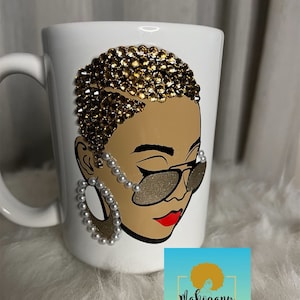 Rhinestone mug; black girl mug; bling mug; short hair girl mug with pearls; black girl with sunglasses mug