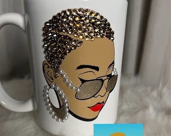 Rhinestone mug; black girl mug; bling mug; short hair girl mug with pearls; black girl with sunglasses mug