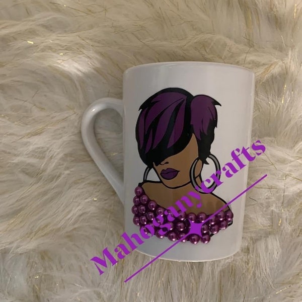 Black girl pearl mug; purple mug