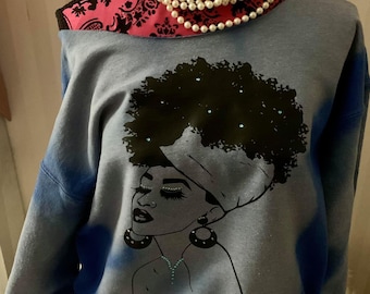 Afro-meisjessweater; overhemd met blote schouders; gebleekte zwarte meisjessweater; ruimvallend shirt; Shirt met blote schouders
