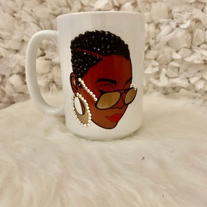 Rhinestone mug; black girl mug; bling mug; short hair girl mug; black girl with sunglasses mug