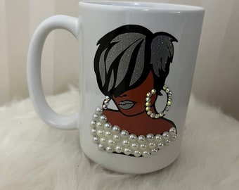 Black girl Pearl mug;silver hair mug; rhinestone mug; grey hair mug; black lady bling mug