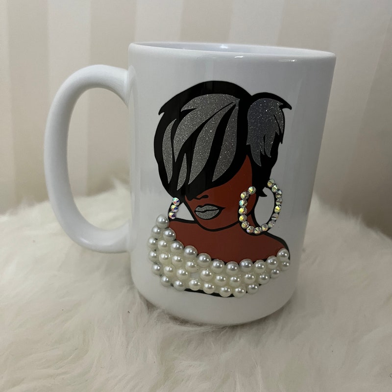 Custom Black Girl Handcrafted Pearl Mug with Name, 15oz Silver Hair Girl Rhinestone Mug, Black Culture Bling Coffee Mug, Anniversary/Birthday Gift for Her