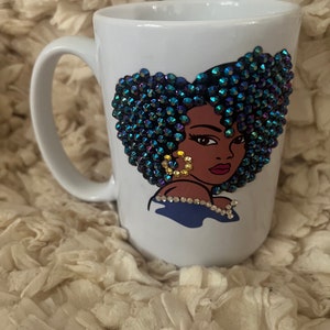 Black girl rhinestone mug; bling hair mug; rhinestone mug; blue mug; black lady bling mug; afro mug; ethnic mug