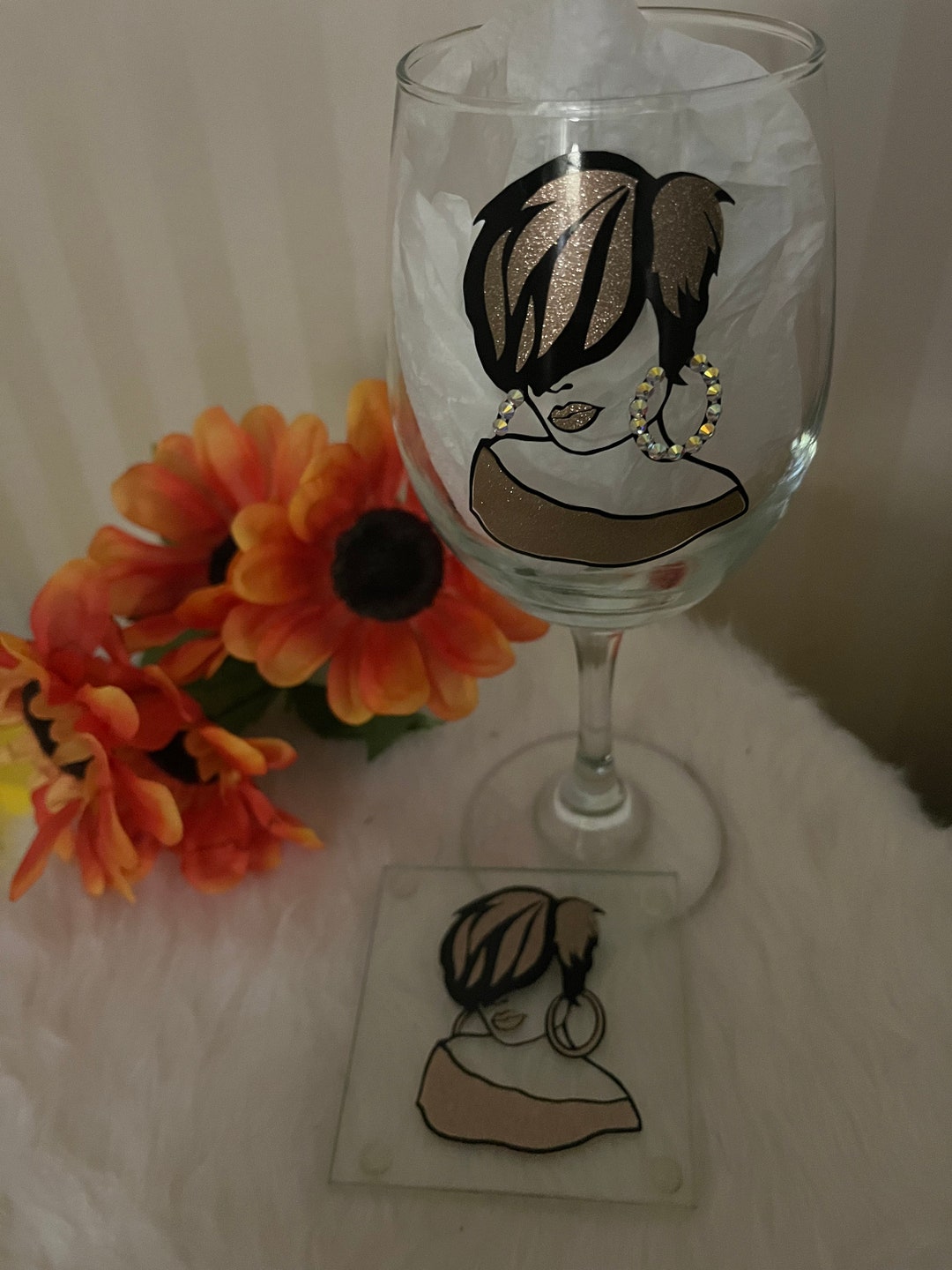 Rhinestone Wine Glassblack Lady Wine Glass With Coasterglitter Glass