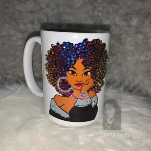 Black girl mug; bling mug; rhinestone mug; afro mug; African American lady