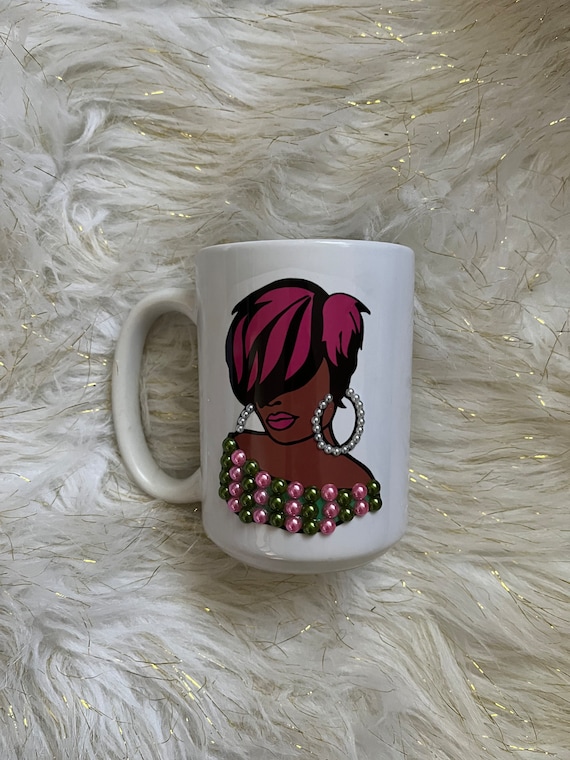 AKA mug; black girl pearl mug; pink and green mug; bling mug; rhinestone  mug; black lady; sorority