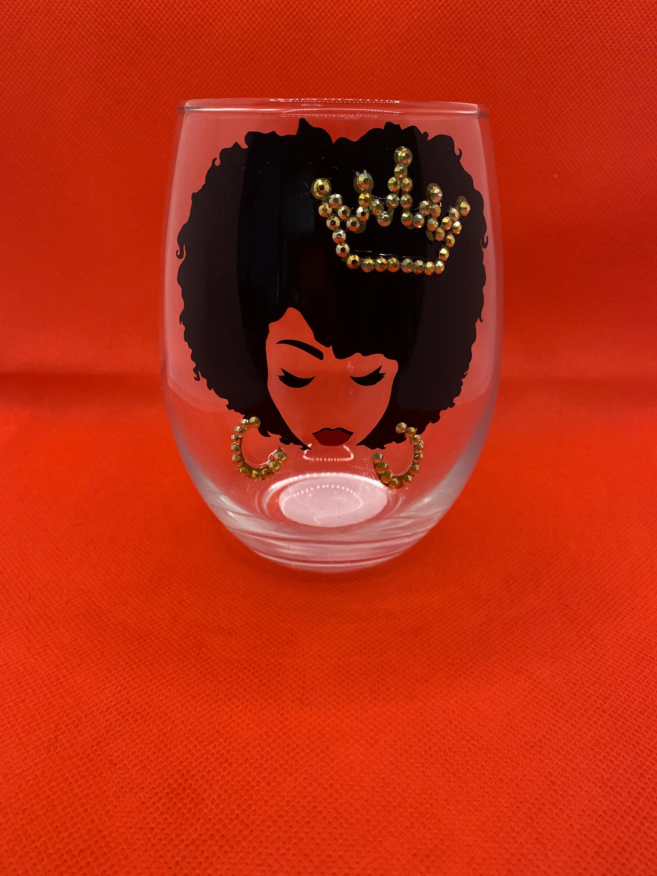 Afro wine glass; black queen wine glass; bling wine glass; stemless wine glass; black girl wine glass; rhinestone wine glass