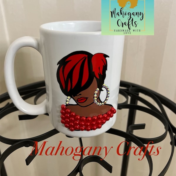 Black girl Pearl mug; red pearl mug; rhinestone mug; African American mug; bling mug