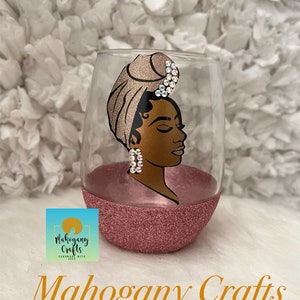 Black girl rhinestone wine glass: bling glass; rose gold glitter wine glass; African American woman wine glass;wine glass; stemless glass