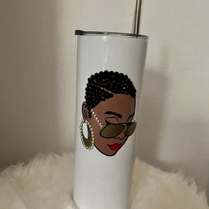 Rhinestone tumbler; black girl tumbler; bling tumbler; short hair girl water bottle; black girl with sunglasses tumbler