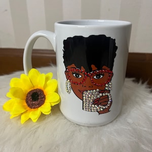 Black girl rhinestone mug; Ava mug; rhinestone mug; black lady bling mug; bling coffee mug; diva mug;afro mug; African American mug; coffee