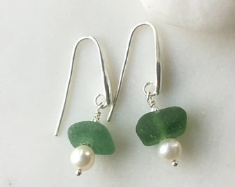 Uncommon - Forest/Emerald Green Lake Ontario Beach Glass Earrings with Cultured Pearls & Sterling Wires