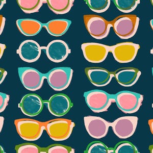 May include: A pattern of colorful sunglasses in various shapes and colors, including orange, yellow, pink, and green, against a dark teal background. The sunglasses have white frames and tinted lenses.