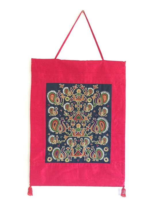 Hand Embroidered Gujarati Silk Tapestry Indian Wall Hanging Etsy