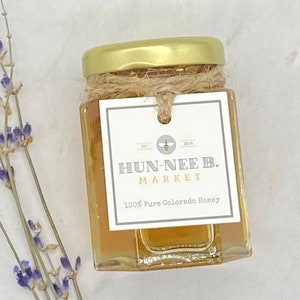 3oz honey wedding favors // Colorado Wildflower Honey // Tarros de vidrio // Tapa de oro // Etiquetas personalizadas